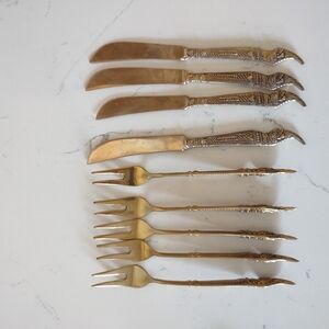 Vintage Gold Tone Appetizer Hors D' Oeuvre forks Knives Small Thailand Cocktail